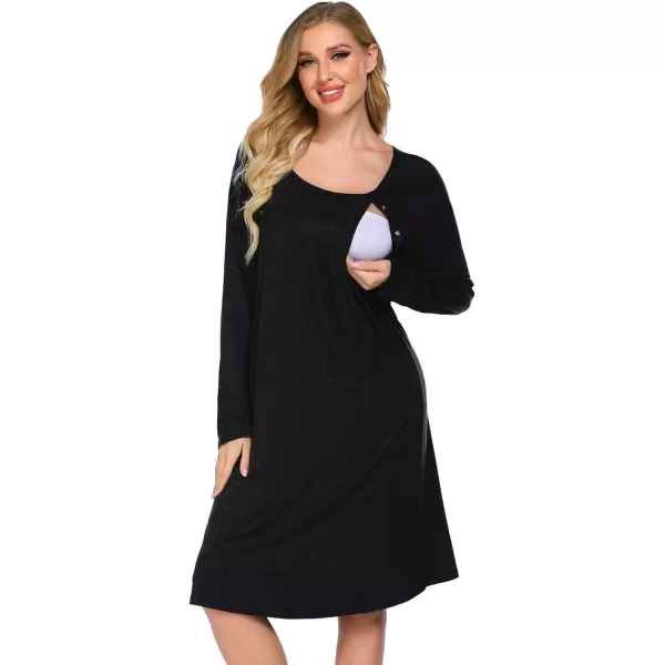 Ekouaer Womens NursingDeliveryLabor Nightgown Long Sleeve Maternity Sleepshirt for Breastfeeding with ButtonBlack