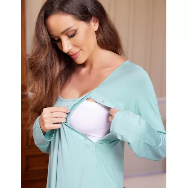 Ekouaer Womens NursingDeliveryLabor Nightgown Long Sleeve Maternity Sleepshirt for Breastfeeding with ButtonCeladon Green