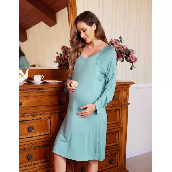 Ekouaer Womens NursingDeliveryLabor Nightgown Long Sleeve Maternity Sleepshirt for Breastfeeding with ButtonCeladon Green