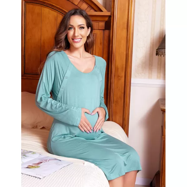 Ekouaer Womens NursingDeliveryLabor Nightgown Long Sleeve Maternity Sleepshirt for Breastfeeding with ButtonCeladon Green