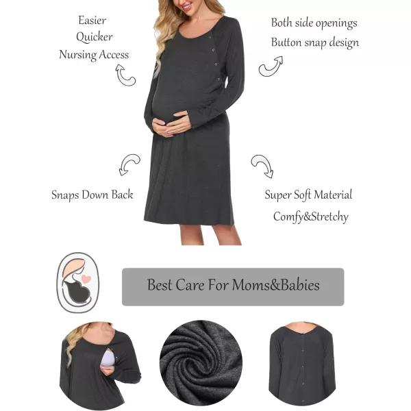 Ekouaer Womens NursingDeliveryLabor Nightgown Long Sleeve Maternity Sleepshirt for Breastfeeding with ButtonGray