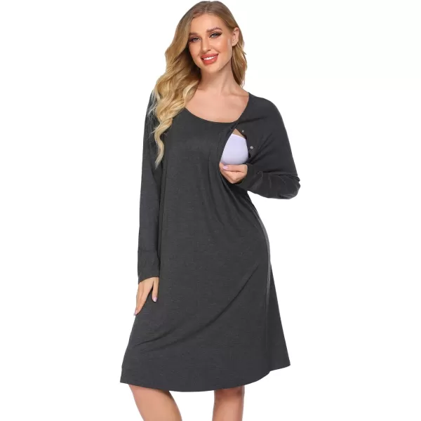 Ekouaer Womens NursingDeliveryLabor Nightgown Long Sleeve Maternity Sleepshirt for Breastfeeding with ButtonGray