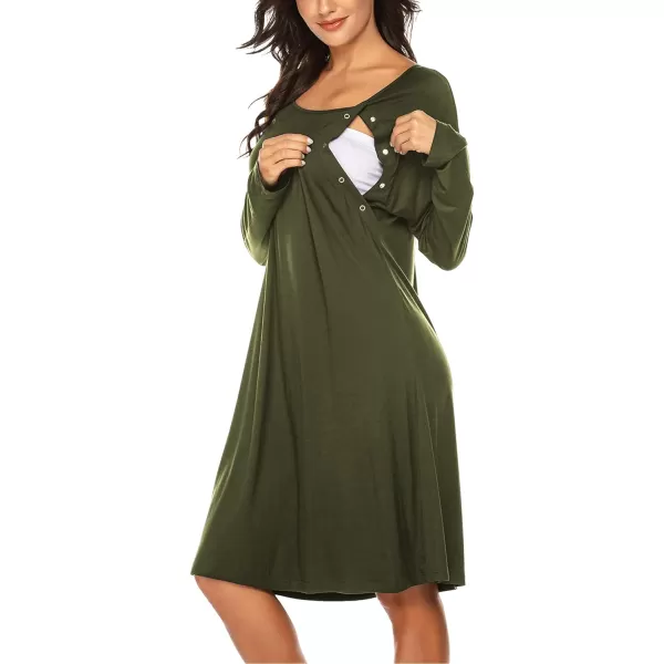 Ekouaer Womens NursingDeliveryLabor Nightgown Long Sleeve Maternity Sleepshirt for Breastfeeding with ButtonGreen