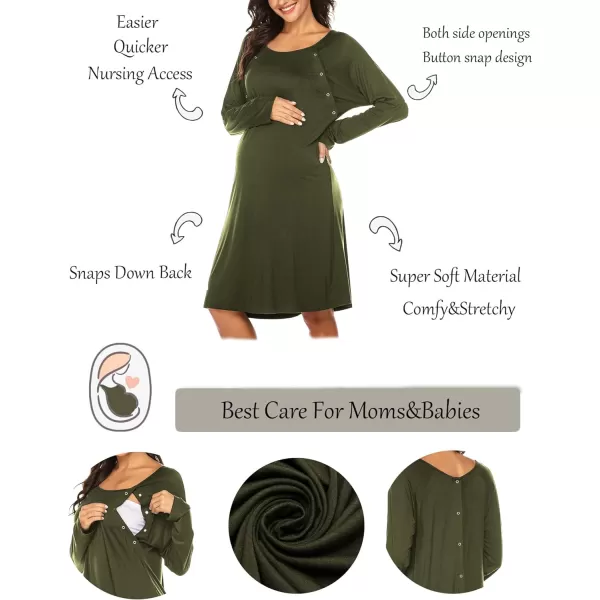 Ekouaer Womens NursingDeliveryLabor Nightgown Long Sleeve Maternity Sleepshirt for Breastfeeding with ButtonGreen