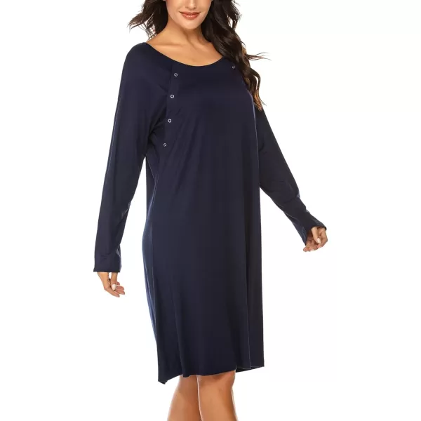 Ekouaer Womens NursingDeliveryLabor Nightgown Long Sleeve Maternity Sleepshirt for Breastfeeding with ButtonNavy