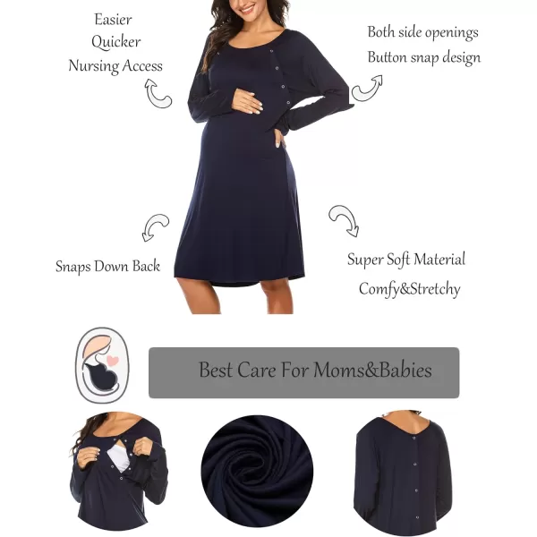 Ekouaer Womens NursingDeliveryLabor Nightgown Long Sleeve Maternity Sleepshirt for Breastfeeding with ButtonNavy