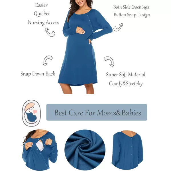 Ekouaer Womens NursingDeliveryLabor Nightgown Long Sleeve Maternity Sleepshirt for Breastfeeding with ButtonNew Blue