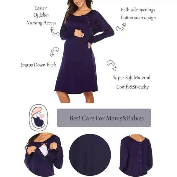 Ekouaer Womens NursingDeliveryLabor Nightgown Long Sleeve Maternity Sleepshirt for Breastfeeding with ButtonPurple