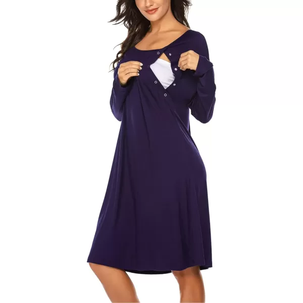 Ekouaer Womens NursingDeliveryLabor Nightgown Long Sleeve Maternity Sleepshirt for Breastfeeding with ButtonPurple