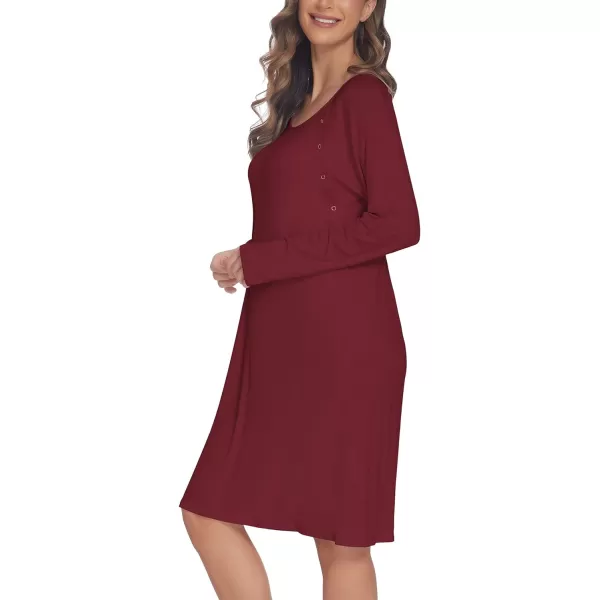 Ekouaer Womens NursingDeliveryLabor Nightgown Long Sleeve Maternity Sleepshirt for Breastfeeding with ButtonWine Red