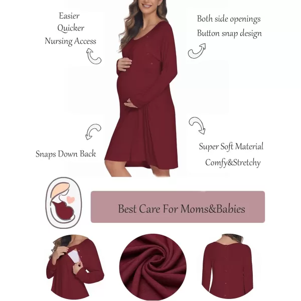 Ekouaer Womens NursingDeliveryLabor Nightgown Long Sleeve Maternity Sleepshirt for Breastfeeding with ButtonWine Red