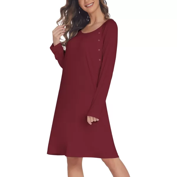 Ekouaer Womens NursingDeliveryLabor Nightgown Long Sleeve Maternity Sleepshirt for Breastfeeding with ButtonWine Red
