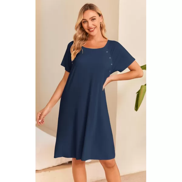 Ekouaer Womens NursingDeliveryLaborHospital Nightdress Short Sleeve Maternity Nightgown with Button SXXL1 Navy Blue