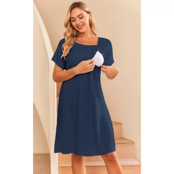 Ekouaer Womens NursingDeliveryLaborHospital Nightdress Short Sleeve Maternity Nightgown with Button SXXL1 Navy Blue