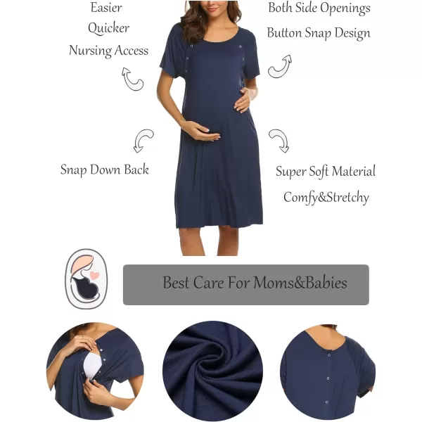 Ekouaer Womens NursingDeliveryLaborHospital Nightdress Short Sleeve Maternity Nightgown with Button SXXL1 Navy Blue