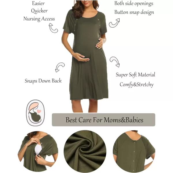 Ekouaer Womens NursingDeliveryLaborHospital Nightdress Short Sleeve Maternity Nightgown with Button SXXLArmy Green