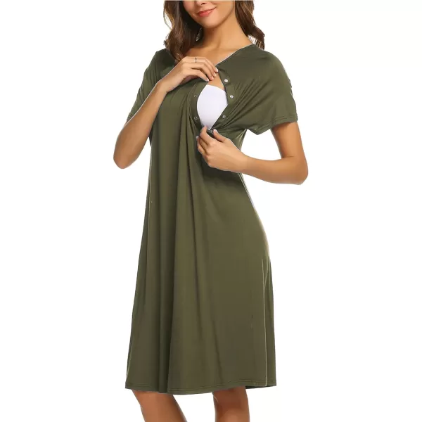 Ekouaer Womens NursingDeliveryLaborHospital Nightdress Short Sleeve Maternity Nightgown with Button SXXLArmy Green