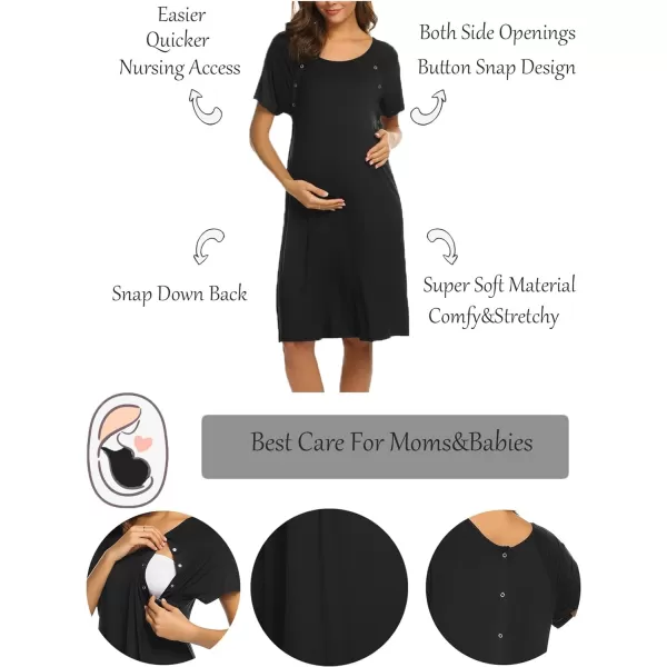 Ekouaer Womens NursingDeliveryLaborHospital Nightdress Short Sleeve Maternity Nightgown with Button SXXLBlack