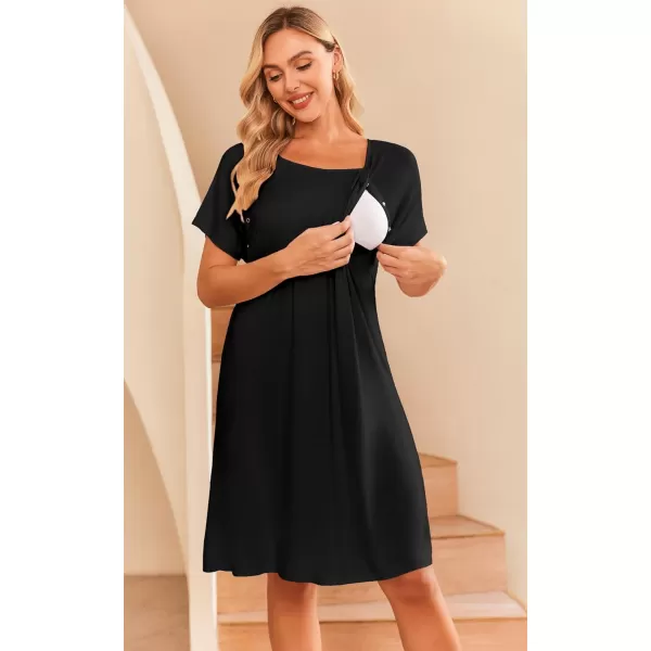 Ekouaer Womens NursingDeliveryLaborHospital Nightdress Short Sleeve Maternity Nightgown with Button SXXLBlack