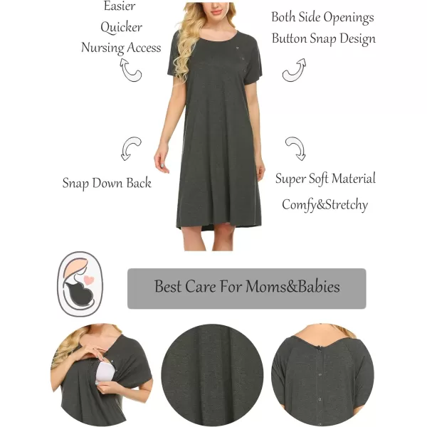 Ekouaer Womens NursingDeliveryLaborHospital Nightdress Short Sleeve Maternity Nightgown with Button SXXLDark Grey