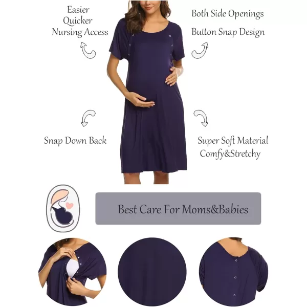 Ekouaer Womens NursingDeliveryLaborHospital Nightdress Short Sleeve Maternity Nightgown with Button SXXLDark Purple