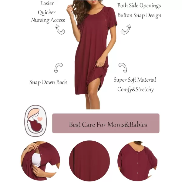 Ekouaer Womens NursingDeliveryLaborHospital Nightdress Short Sleeve Maternity Nightgown with Button SXXLWine Red