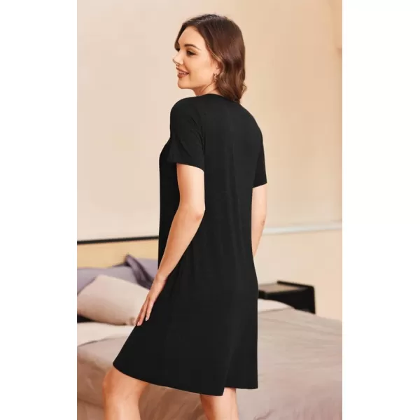 Ekouaer Womens ONeck Nightgown Short Sleeve Button Down Soft Sleepwear Loose Fit Nightshirt SXXLBblack