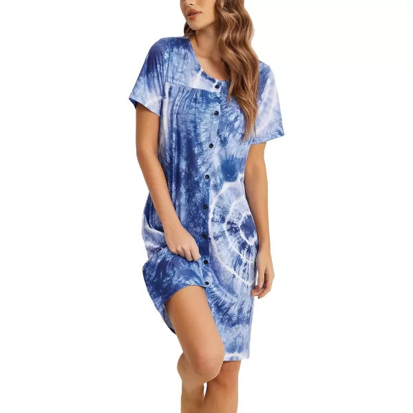 Ekouaer Womens ONeck Nightgown Short Sleeve Button Down Soft Sleepwear Loose Fit Nightshirt SXXLDark Tie Dye