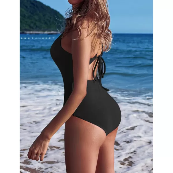 Ekouaer Womens One Piece Swimsuits V Neck Bathing Suit Cross Backless Swimming Suits Lace Up Swimwear SXXLA01black