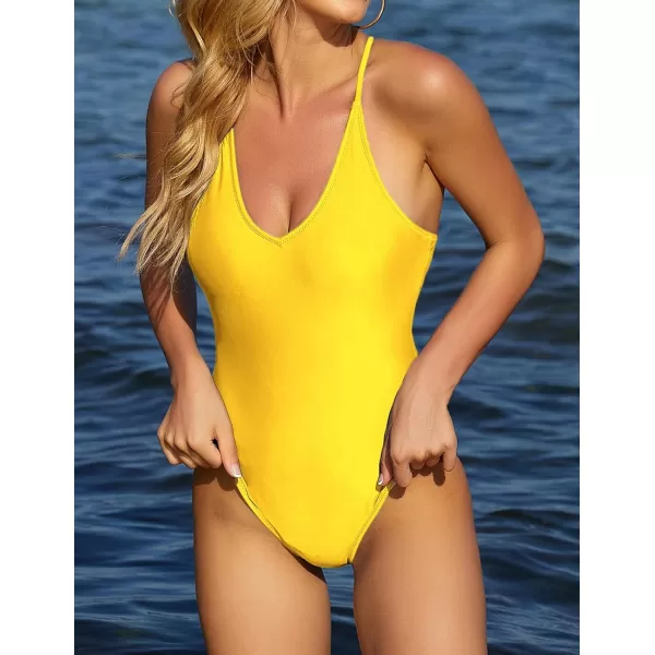 Ekouaer Womens One Piece Swimsuits V Neck Bathing Suit Cross Backless Swimming Suits Lace Up Swimwear SXXLA06yellow