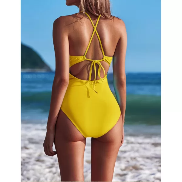 Ekouaer Womens One Piece Swimsuits V Neck Bathing Suit Cross Backless Swimming Suits Lace Up Swimwear SXXLA06yellow