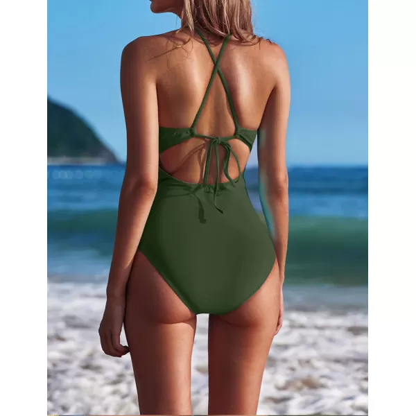 Ekouaer Womens One Piece Swimsuits V Neck Bathing Suit Cross Backless Swimming Suits Lace Up Swimwear SXXLArmy Green