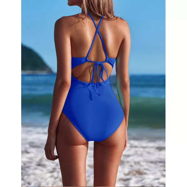 Ekouaer Womens One Piece Swimsuits V Neck Bathing Suit Cross Backless Swimming Suits Lace Up Swimwear SXXLSnorkel Blue