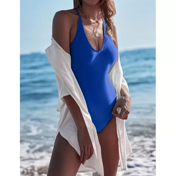 Ekouaer Womens One Piece Swimsuits V Neck Bathing Suit Cross Backless Swimming Suits Lace Up Swimwear SXXLSnorkel Blue