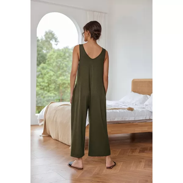 Ekouaer Womens Onesies Pajamas Scoop Neck Tank Jumpsuits Casual Wide Leg Loose Rompers with PocketsArmy Green