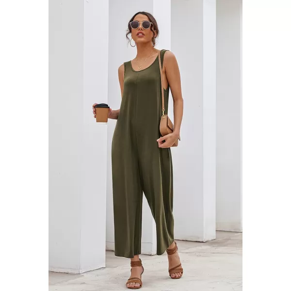 Ekouaer Womens Onesies Pajamas Scoop Neck Tank Jumpsuits Casual Wide Leg Loose Rompers with PocketsArmy Green