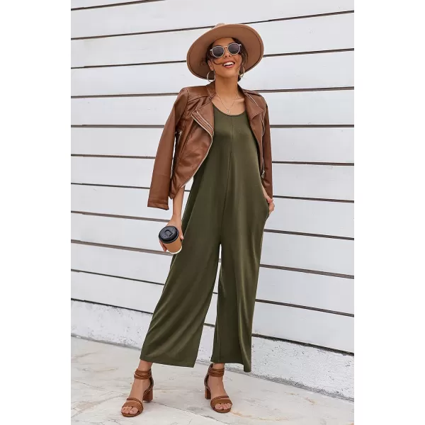 Ekouaer Womens Onesies Pajamas Scoop Neck Tank Jumpsuits Casual Wide Leg Loose Rompers with PocketsArmy Green
