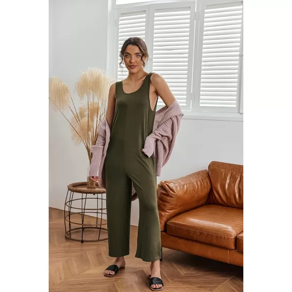 Ekouaer Womens Onesies Pajamas Scoop Neck Tank Jumpsuits Casual Wide Leg Loose Rompers with PocketsArmy Green
