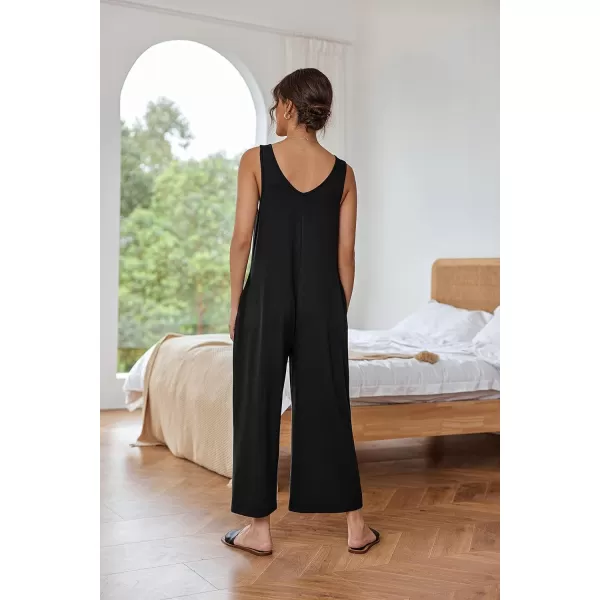 Ekouaer Womens Onesies Pajamas Scoop Neck Tank Jumpsuits Casual Wide Leg Loose Rompers with PocketsBlack