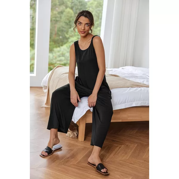 Ekouaer Womens Onesies Pajamas Scoop Neck Tank Jumpsuits Casual Wide Leg Loose Rompers with PocketsBlack
