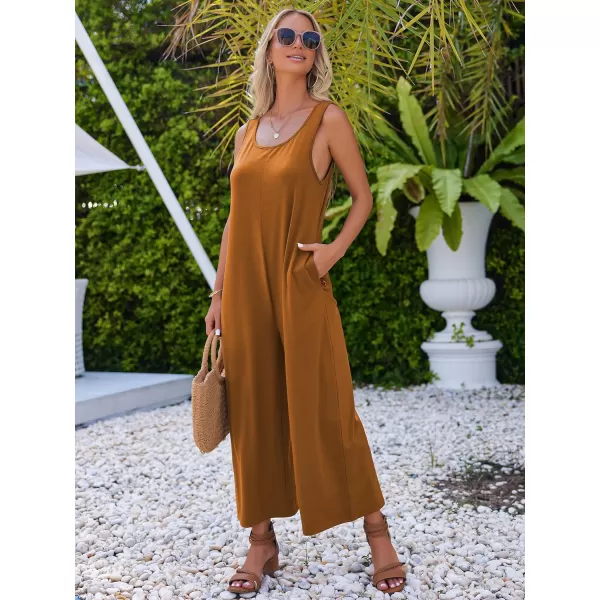 Ekouaer Womens Onesies Pajamas Scoop Neck Tank Jumpsuits Casual Wide Leg Loose Rompers with PocketsBrown