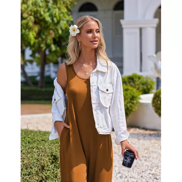 Ekouaer Womens Onesies Pajamas Scoop Neck Tank Jumpsuits Casual Wide Leg Loose Rompers with PocketsBrown