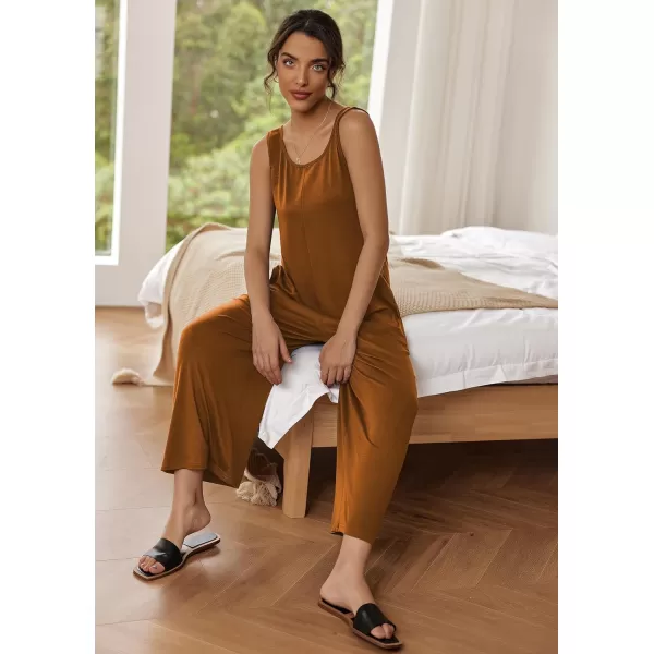 Ekouaer Womens Onesies Pajamas Scoop Neck Tank Jumpsuits Casual Wide Leg Loose Rompers with PocketsBrown