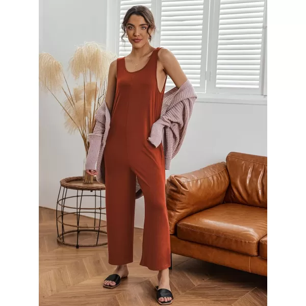 Ekouaer Womens Onesies Pajamas Scoop Neck Tank Jumpsuits Casual Wide Leg Loose Rompers with PocketsCaramel