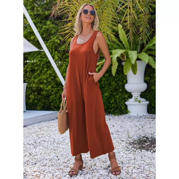 Ekouaer Womens Onesies Pajamas Scoop Neck Tank Jumpsuits Casual Wide Leg Loose Rompers with PocketsCaramel