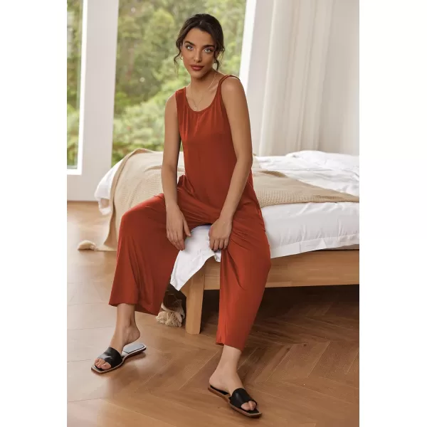 Ekouaer Womens Onesies Pajamas Scoop Neck Tank Jumpsuits Casual Wide Leg Loose Rompers with PocketsCaramel