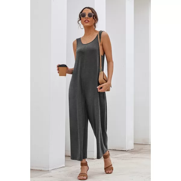 Ekouaer Womens Onesies Pajamas Scoop Neck Tank Jumpsuits Casual Wide Leg Loose Rompers with PocketsDark Gray