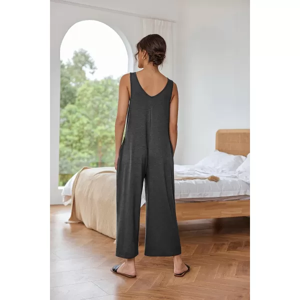 Ekouaer Womens Onesies Pajamas Scoop Neck Tank Jumpsuits Casual Wide Leg Loose Rompers with PocketsDark Gray