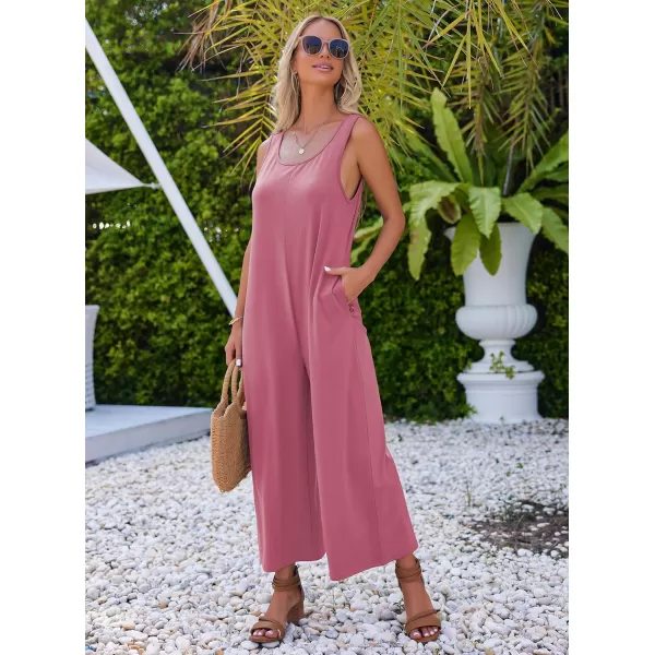 Ekouaer Womens Onesies Pajamas Scoop Neck Tank Jumpsuits Casual Wide Leg Loose Rompers with PocketsDark Pink