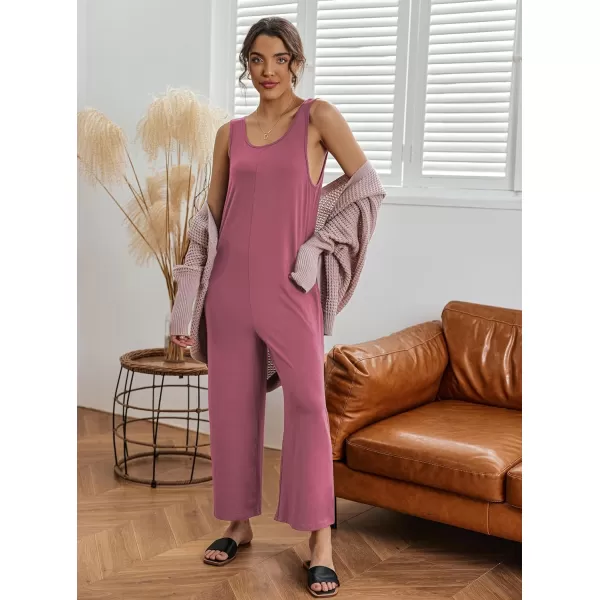 Ekouaer Womens Onesies Pajamas Scoop Neck Tank Jumpsuits Casual Wide Leg Loose Rompers with PocketsDark Pink